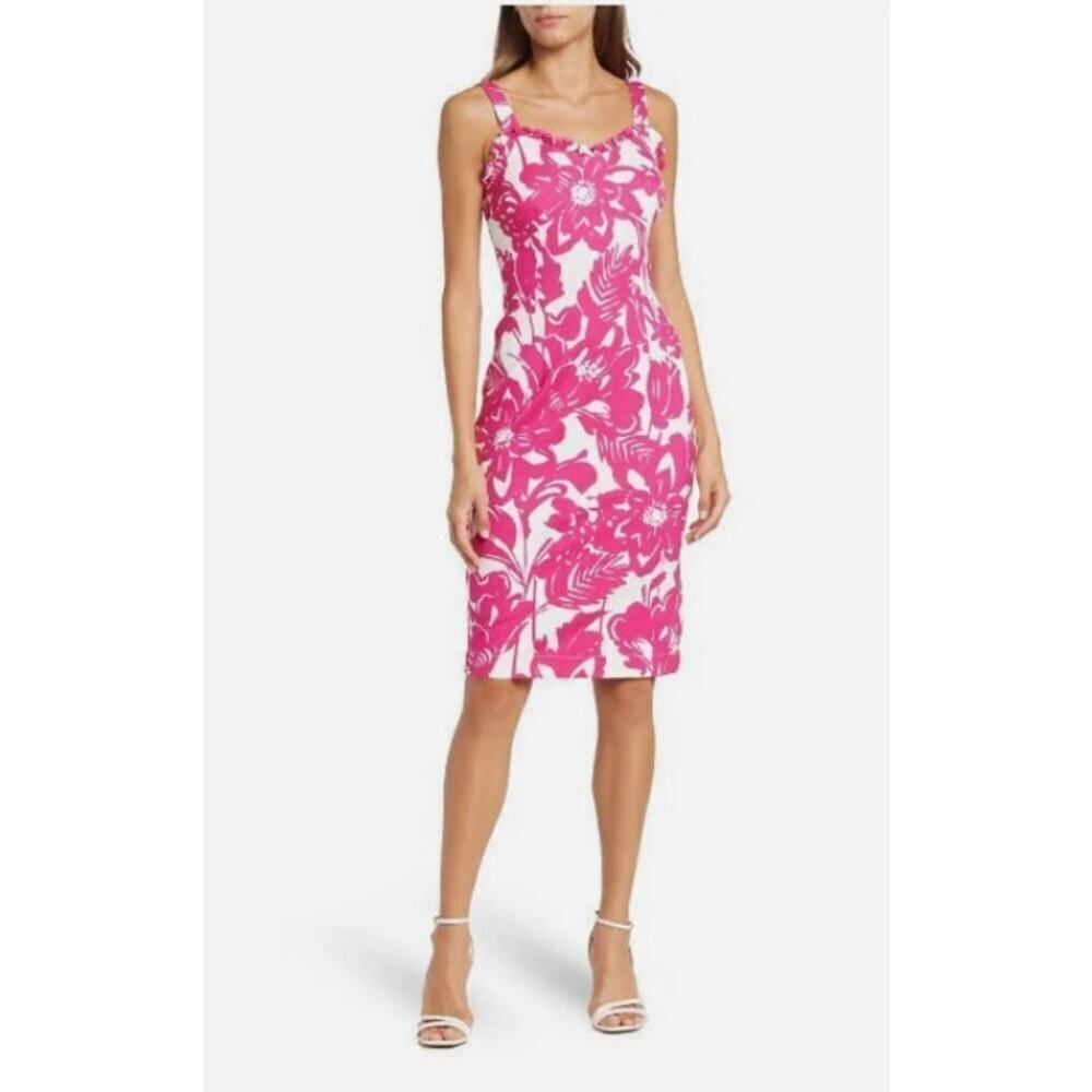 Trina Trina Turk Zile Dress Women's 2 Pink White Floral Knit Ruffle Sleeveless